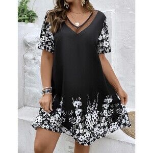 Shein Black White Floral Dress Sleeves/ Knees Length Summer 1XL (14)